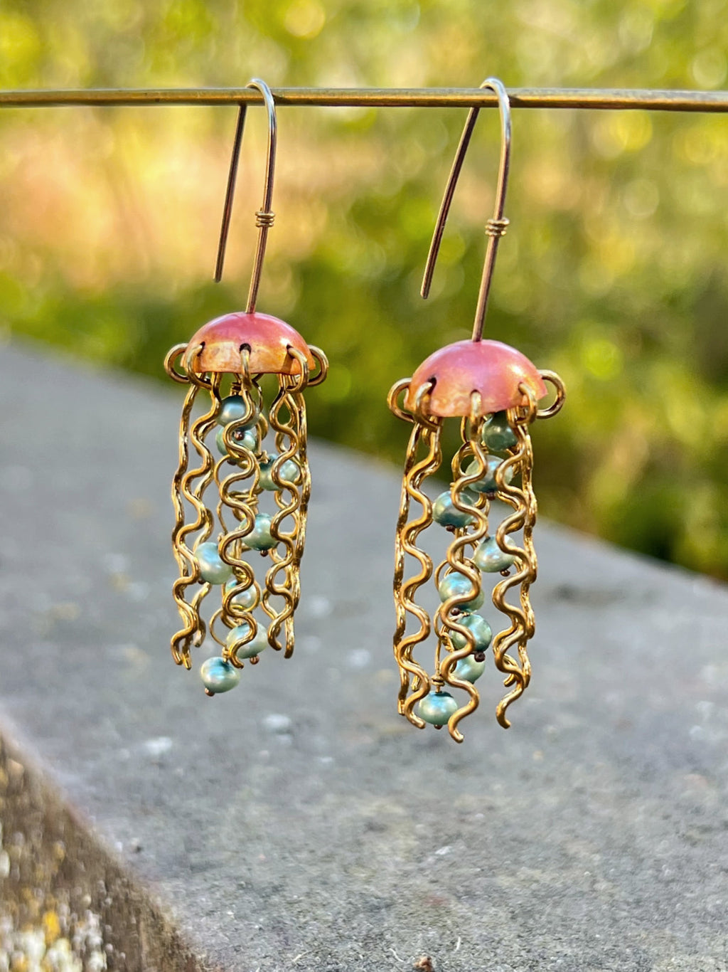 Red Copper Jellyfish Earrings with Green Pearls and Hypoallergenic Niobium Earwires