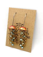 Red Copper Jellyfish Earrings with Green Pearls and Hypoallergenic Niobium Earwires
