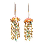 Red Copper Jellyfish Earrings with Green Pearls and Hypoallergenic Niobium Earwires