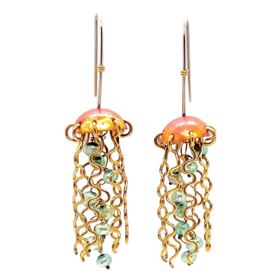 Red Copper Jellyfish Earrings with Green Pearls and Hypoallergenic Niobium Earwires