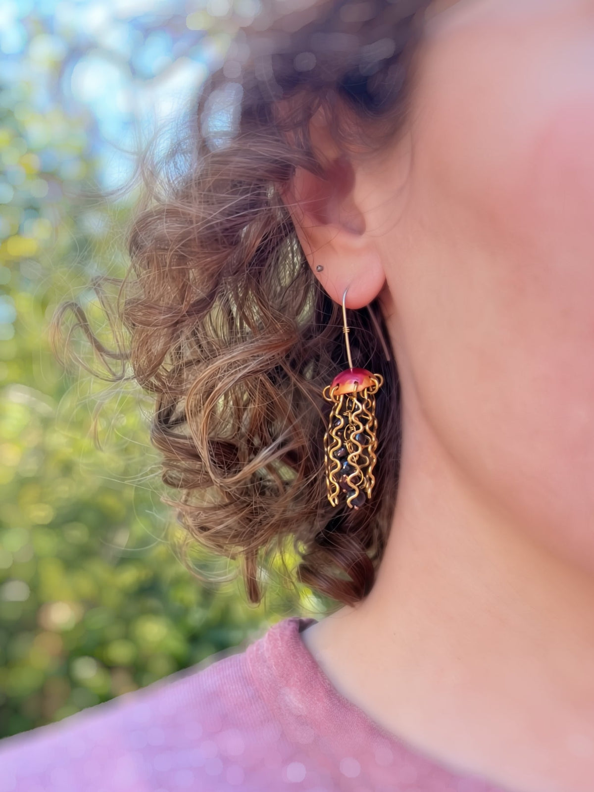 Red Copper Jellyfish Earrings with Dark Pearls and Hypoallergenic Niobium Earwires