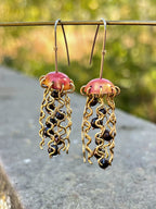 Red Copper Jellyfish Earrings with Dark Pearls and Hypoallergenic Niobium Earwires