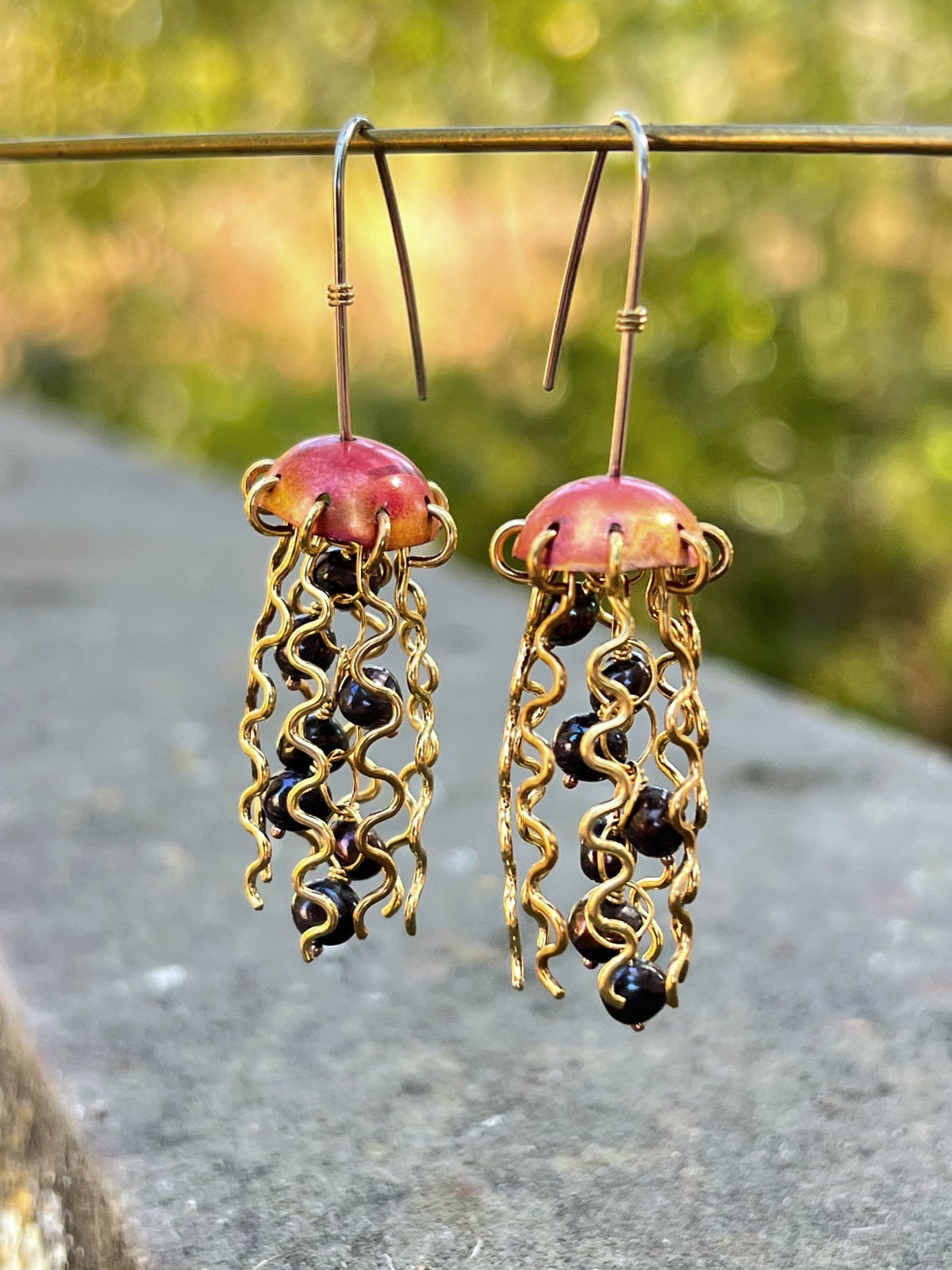 Red Copper Jellyfish Earrings with Dark Pearls and Hypoallergenic Niobium Earwires