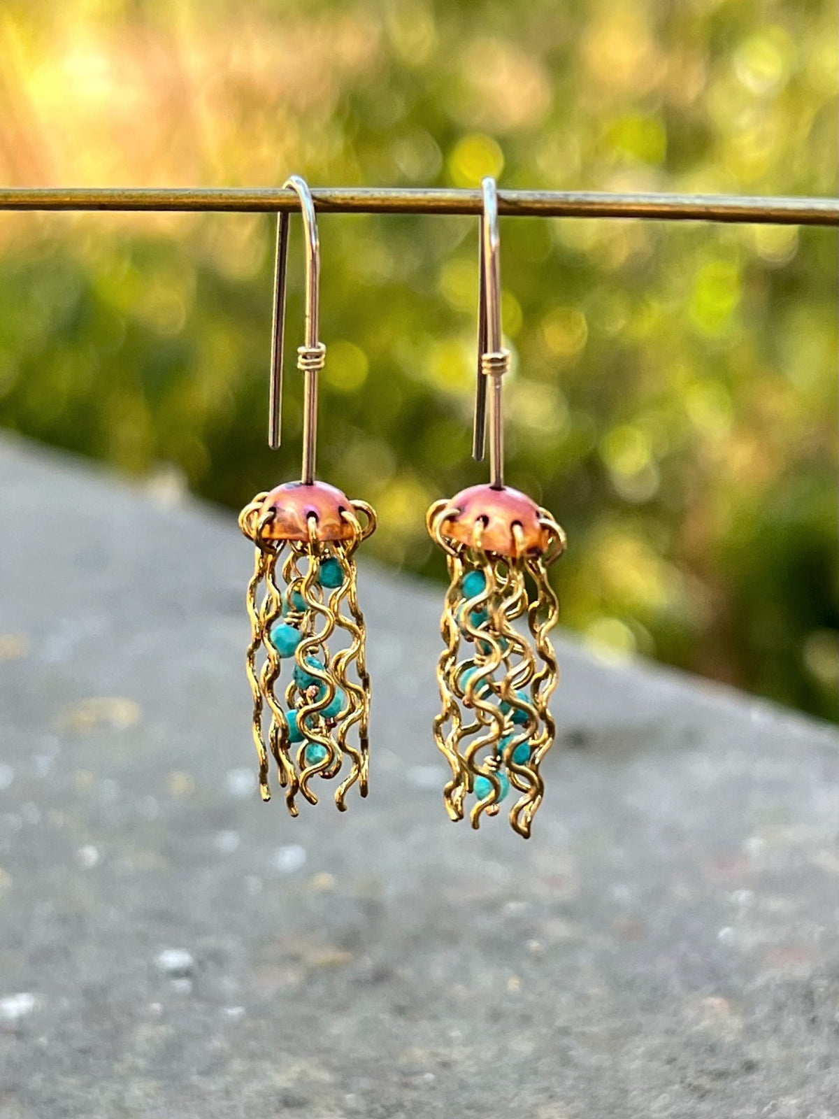 Mini Red Copper Jellyfish Earrings with Turquoise Beads and Hypoallergenic Niobium Earwires