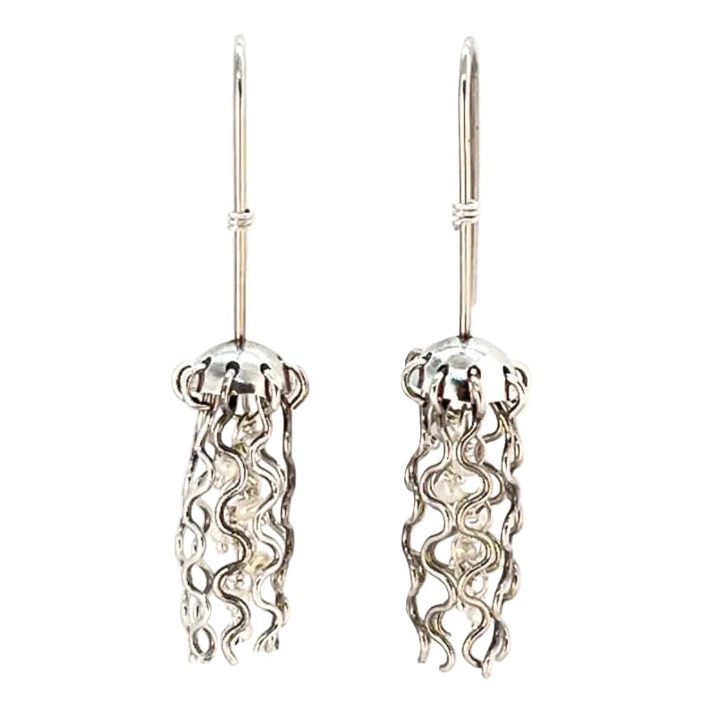 Mini Jellyfish Earrings in Sterling Silver with White Pearls and Hypoallergenic Niobium Earwires
