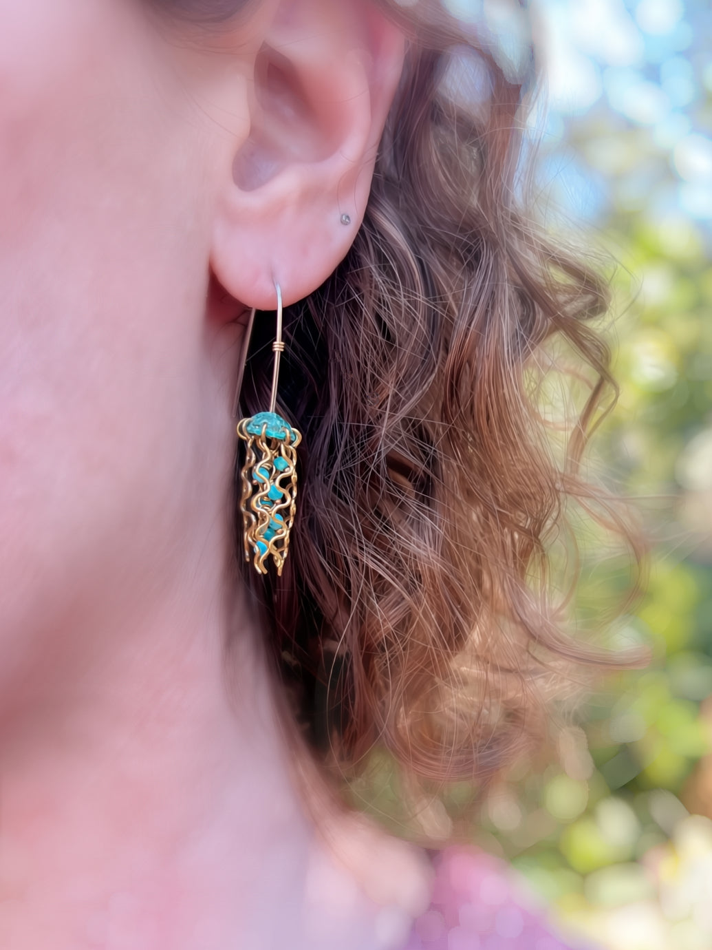 Mini Green Jellyfish Earrings with Turquoise Beads and Hypoallergenic Niobium Earwires