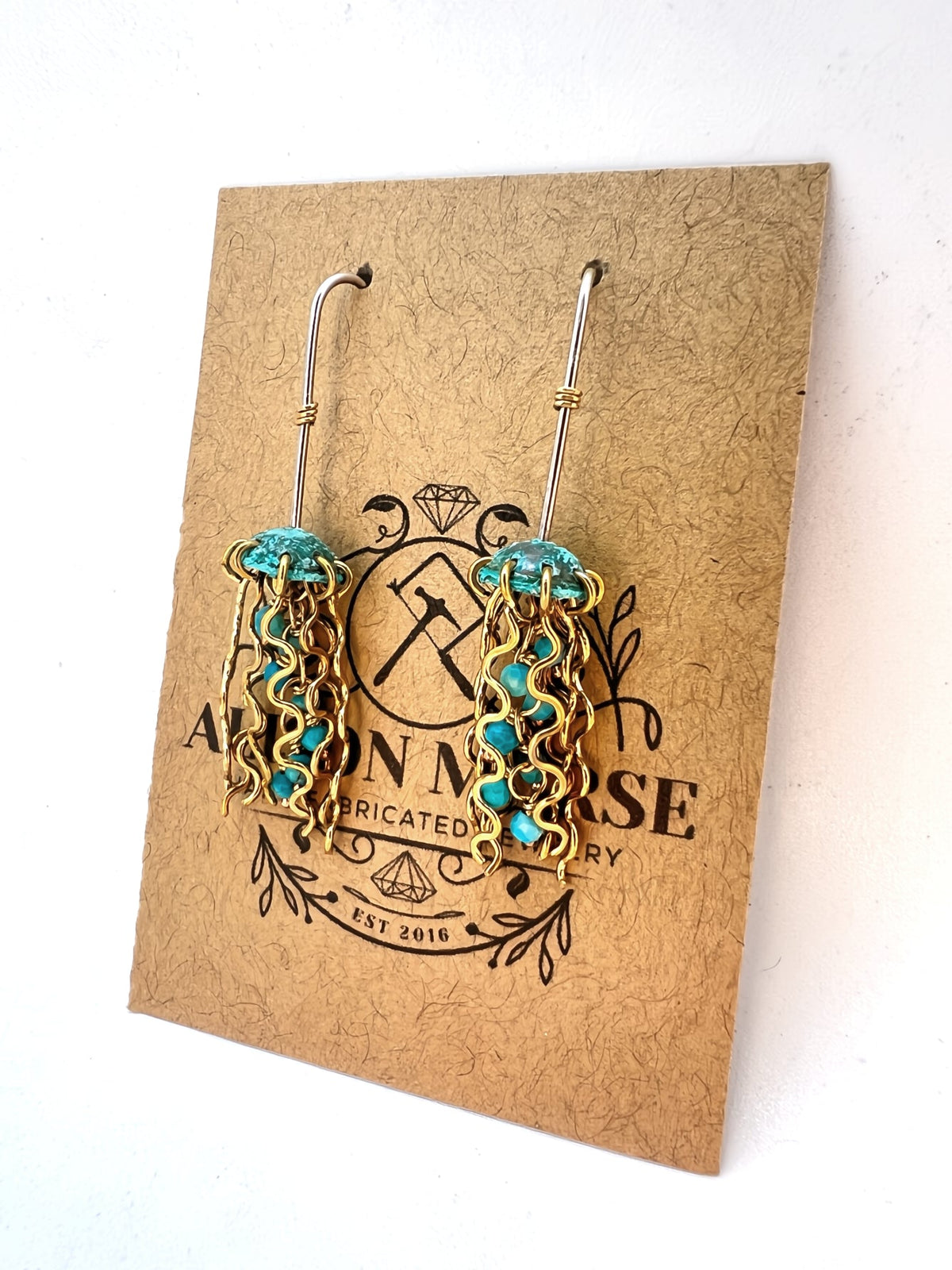Mini Green Jellyfish Earrings with Turquoise Beads and Hypoallergenic Niobium Earwires