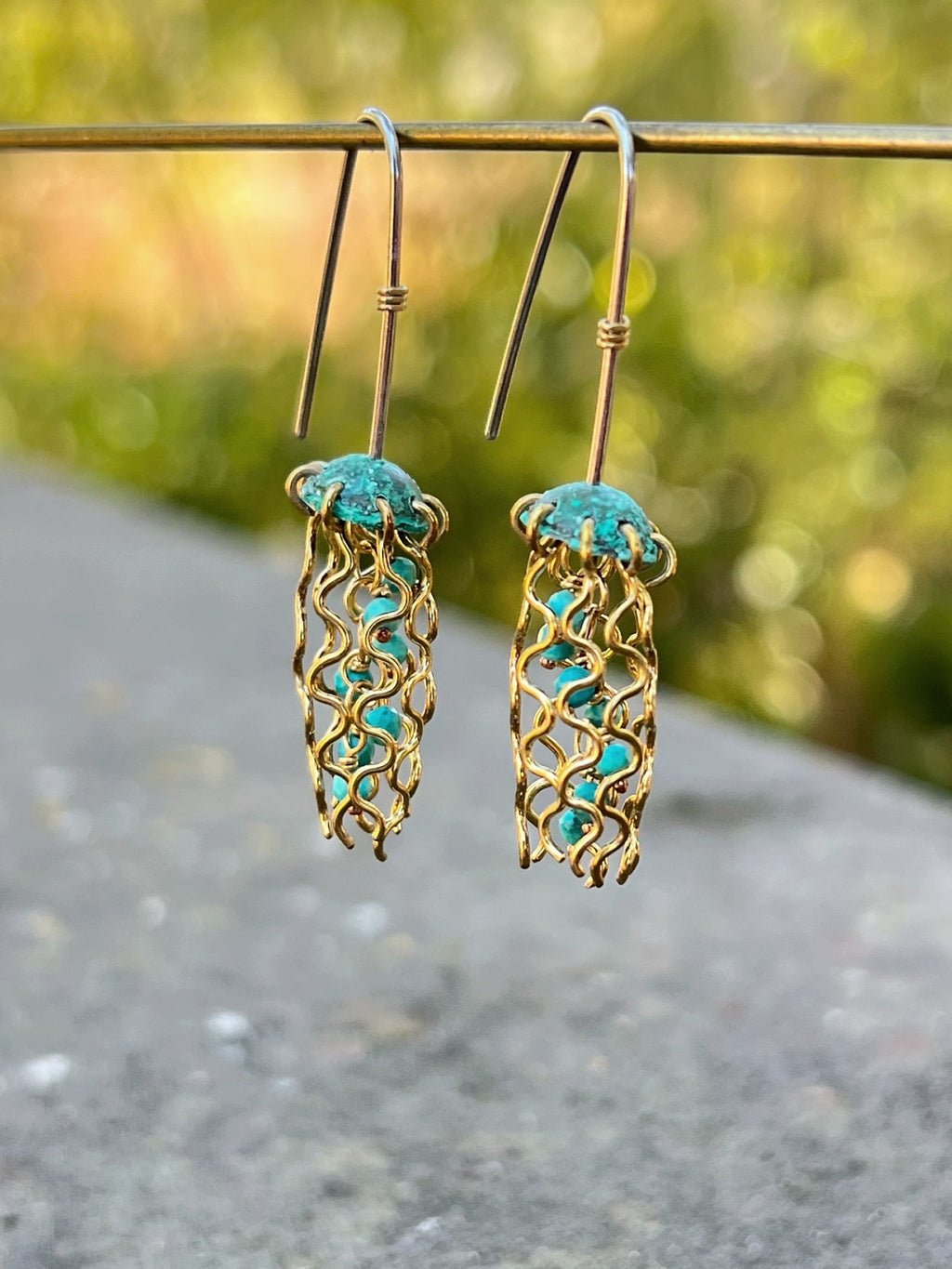 Mini Green Jellyfish Earrings with Turquoise Beads and Hypoallergenic Niobium Earwires