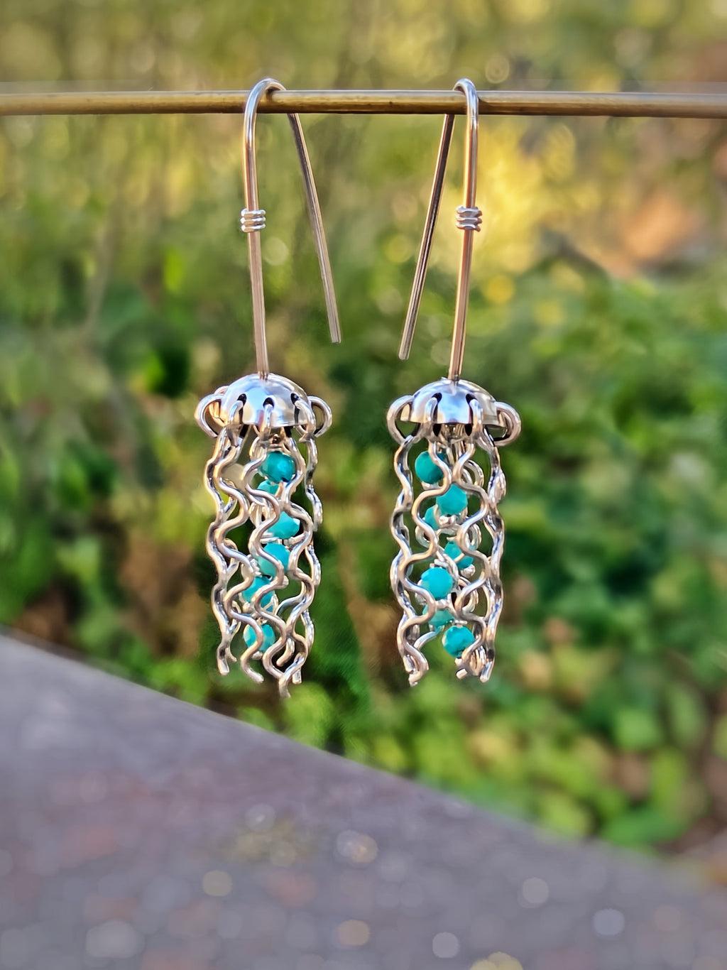 Mini Jellyfish Earrings in Sterling Silver with Turquoise Beads and Hypoallergenic Niobium Earwires