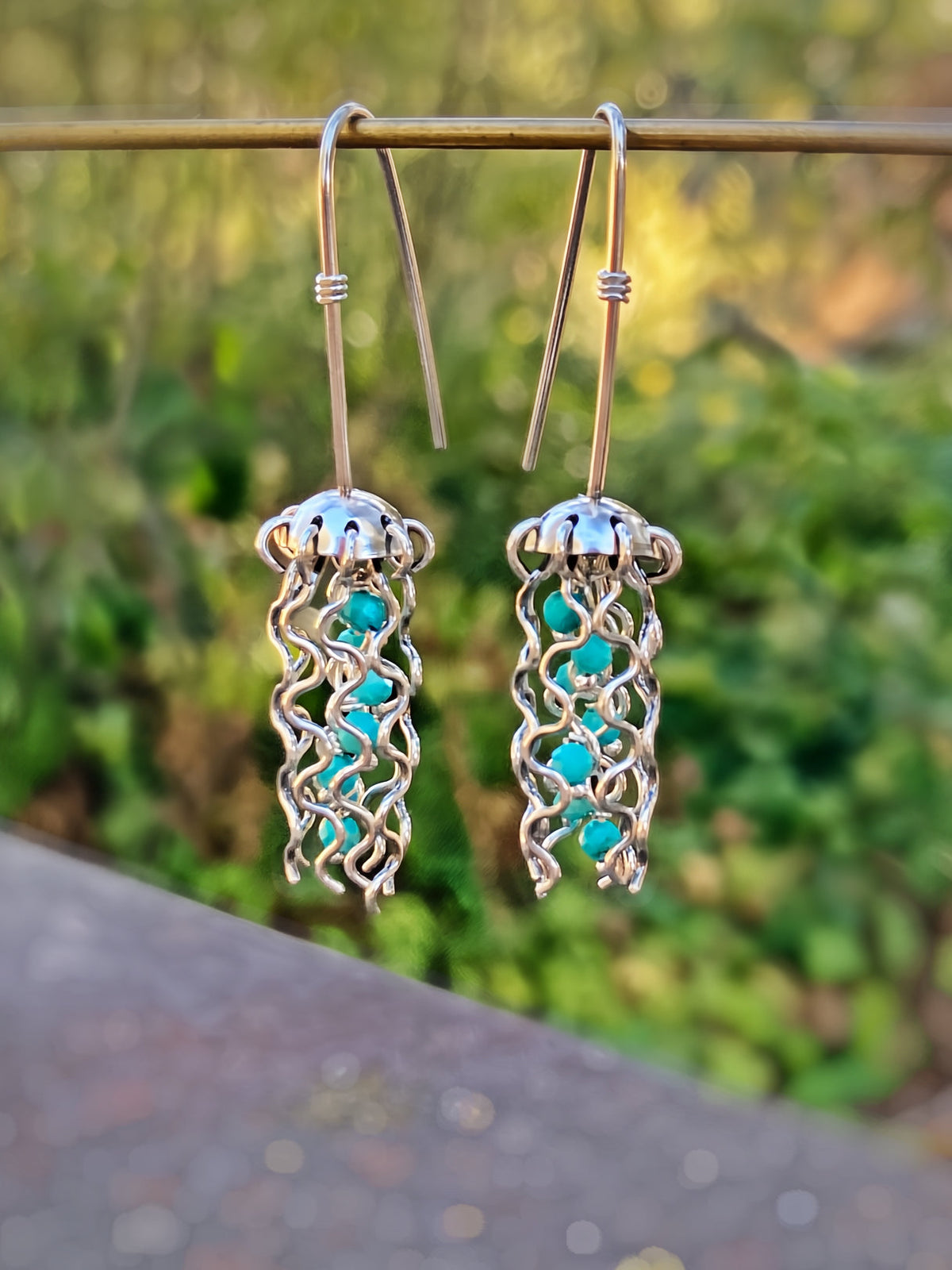 Mini Jellyfish Earrings in Sterling Silver with Turquoise Beads and Hypoallergenic Niobium Earwires