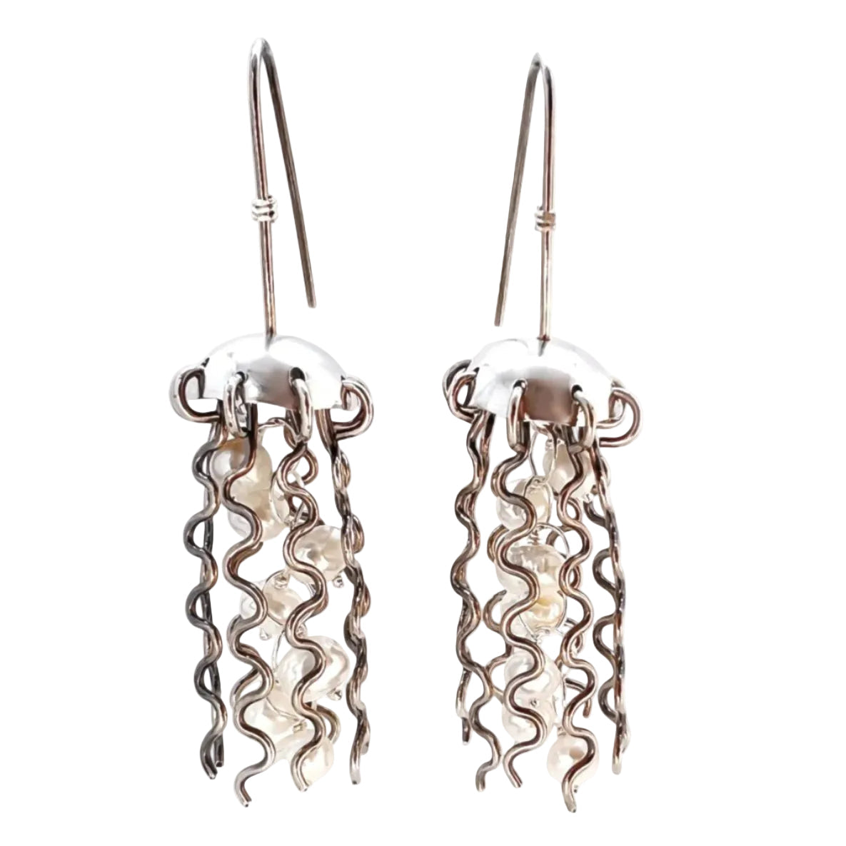 Sterling Silver Jellyfish Earrings with White Pearls and Hypoallergenic Niobium Earwires