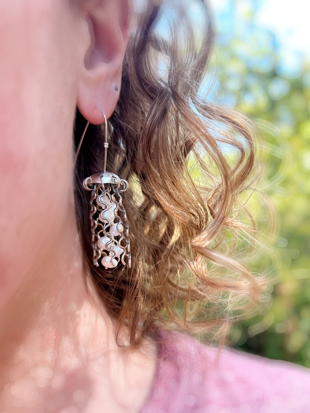 Sterling Silver Jellyfish Earrings with White Pearls and Hypoallergenic Niobium Earwires