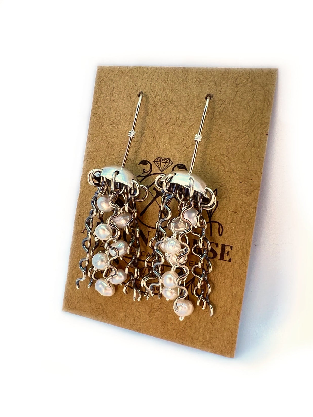 Sterling Silver Jellyfish Earrings with White Pearls and Hypoallergenic Niobium Earwires