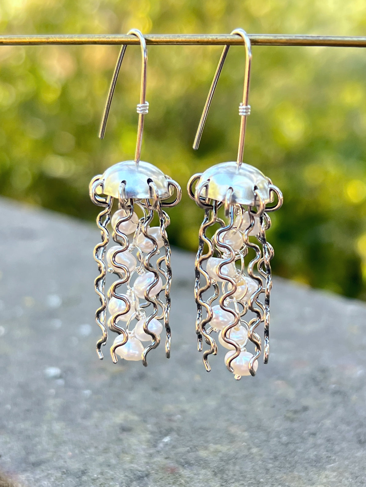 Sterling Silver Jellyfish Earrings with White Pearls and Hypoallergenic Niobium Earwires